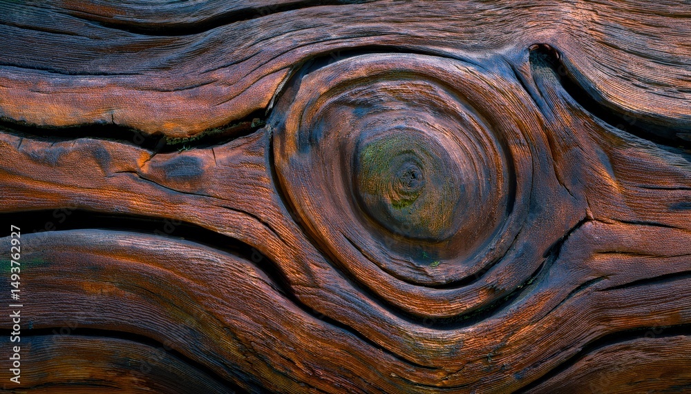Poster weathered wood knot texture with rich brown and blue grain patterns for abstract background, web des
