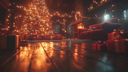 Christmas living room, warm glow, presents, tree, fireplace