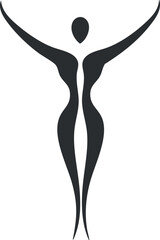 Abstract black silhouette of a graceful woman with arms raised, minimalist design on white background