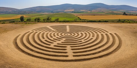 Obraz premium Aerial drone view of spiral crop circle in rural wheat farmland landscape