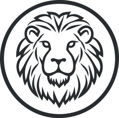 Black and white circular illustration of a lion head with mane symbolizing strength and wildlife