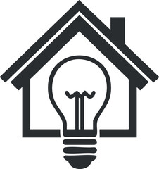 Black and white icon of a house with a lightbulb inside representing energy efficiency and smart home technology