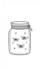 Simple black and white illustration of a mason jar filled with fireflies and stars
