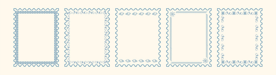 Hand drawn stamps for summer season. Blue ornaments with Italian mosaic, lemons, shells. Minimalistic line art. Vector flat illustration.
