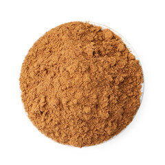 Superfood. Cinnamon powder in bowl isolated on white, top view
