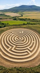 Aerial drone view of spiral crop circle in rural wheat farmland landscape