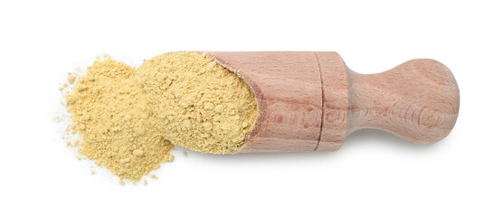 Superfood. Wasabi powder and scoop isolated on white, top view