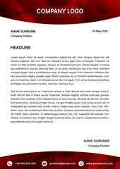 Letterhead template. Cover letter, corporate mail,  newsletter. Business template, A4 format ready to print. Red banner with abstract pattern