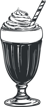 Vintage black and white illustration of a milkshake glass topped with whipped cream and a striped straw