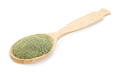 Dried basil in wooden spoon isolated on white