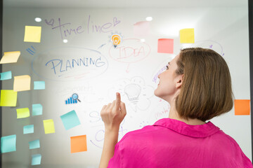 Young beautiful businesswoman putting sticker on glass board while finding a solution to solve financial problems by using mind map and colorful sticky note. Creative business concept. Immaculate.