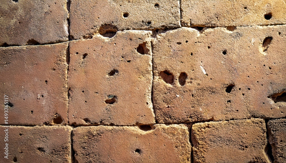 Poster eroded sandstone surface with organic holes and textured cracks for abstract background, web design,