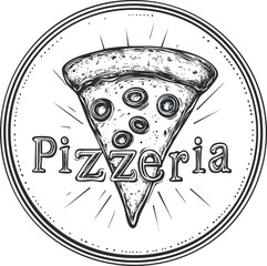 Black and white hand-drawn pizza slice logo with pizzeria text in circular vintage style badge
