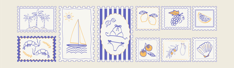 Set of vintage hand drawn summer postcards. Collection of retro style postal stickers for vacation. Vector flat illustration.