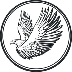 Obraz premium Black and white illustration of a flying eagle with spread wings inside a circular frame symbolizing strength and freedom