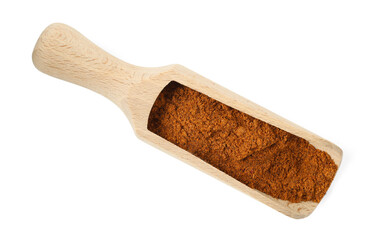 Nutmeg powder in scoop isolated on white, top view