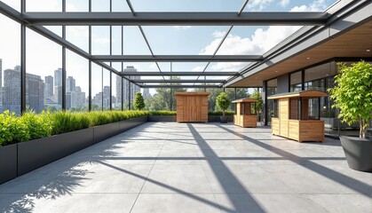 Modern urban terrace with a sleek design featuring wooden kiosks and lush greenery under a clear blue sky, promoting outdoor lifestyle concept of real estate or landscaping
