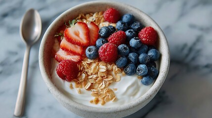   A bowl of yogurt with strawberries, blueberries, and raspberries next to a spoon