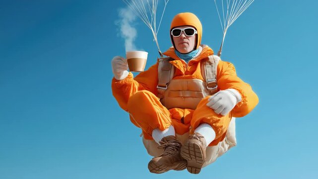 A man in the sky descends on a parachute holding a cup of tea in his hand. A man in an orange jumpsuit is holding a cup of coffee..
