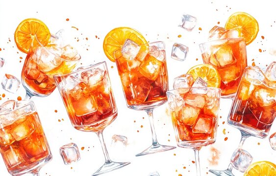 Watercolor illustration of multiple Aperol Spritz cocktails,  ice cubes, and orange slices, arranged in a dynamic composition