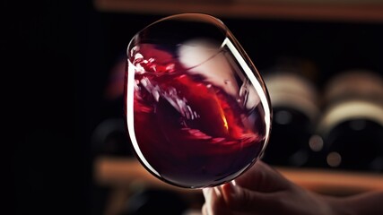 Close up female hand swirling red wine in wine glass. Wine expert tasting, rating and drinking wine, bottles in background.