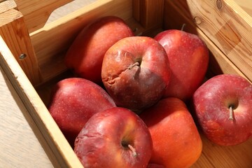 Damaged red apples in wooden crate on table, closeup