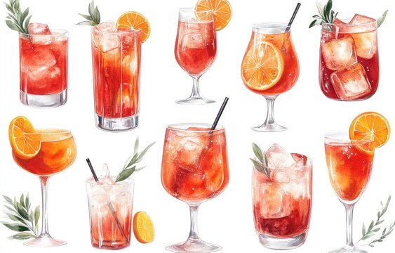 Watercolor illustration of various cocktails, including Aperol Spritz, featuring vibrant orange-red drinks, ice, and citrus fruits in tall glasses and wine glasses
