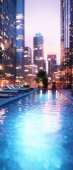 Fototapeta premium 3d rendering of a rooftop swimming pool with a city skyline in the background. the pool is rectangular in shape and has a blue-tinted water surface.