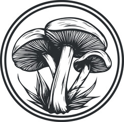 Black and white illustration of three mushrooms growing in grass with a circular frame around them