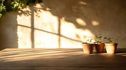 Handcrafted ceramic pots rest on a weathered wooden table, illuminated by sunlight filtering through branches, creating intricate shadows around them