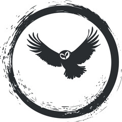 Black silhouette of an owl flying inside a rough circular brush stroke on white background