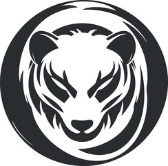 Black and white stylized tiger head logo with circular design representing strength and wildlife