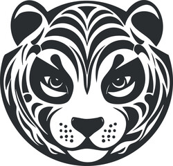 Black and white stylized vector illustration of a tiger face with detailed stripes and fierce expression