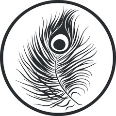 Black and white stylized silhouette of a peacock feather in a circular frame, decorative design