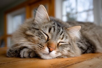 Tabby cat sleeps peacefully on wood