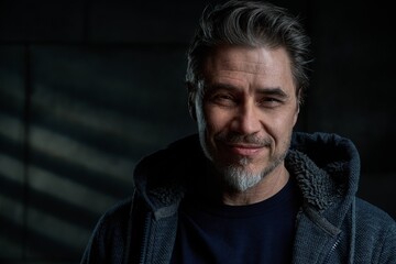 Obraz premium Portrait of happy casual middle aged, mid adult caucasian man in his 50s, smiling, standing against dark gray wall. . Copy space .