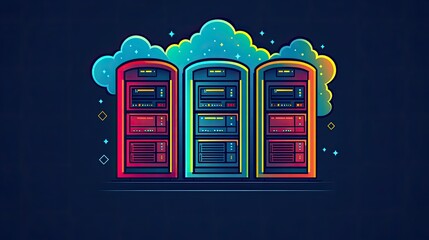 Colorful server racks with a cloud.  Digital servers in vibrant hues