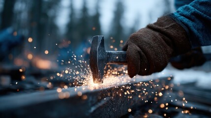 skilled blacksmith forges metal on an iron surface as sparks fly in the crisp air. cold winter evening highlights the artisans dedication and the glow of the forge