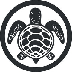 Obraz premium Stylized black and white sea turtle illustration with detailed shell inside circular frame symbolizing marine life and conservation
