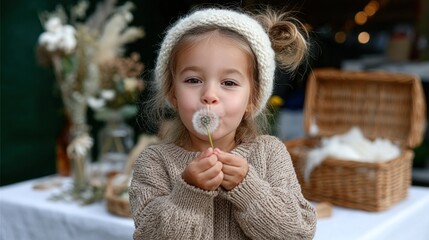 Child wears a knitted sweater and a warm headband while blowing dandelion seeds outdoors, surrounded by a rustic setup featuring flowers and a woven basket, capturing a joyful moment