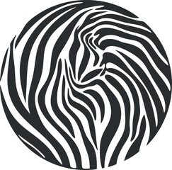 Black and white zebra stripes arranged in a circular abstract pattern resembling animal print and nature design
