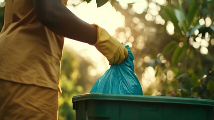 An individual wearing bright yellow rubber gloves holds an open blue trash bag while standing before a green recycling bin, bathed in soft evening light
