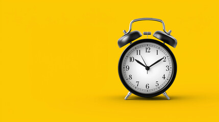 Classic Black Alarm Clock on Yellow Background. retro alarm clock. Minimalist Vintage Alarm Clock for Time and Productivity Concept