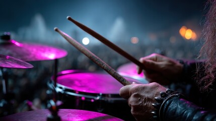 drummer skillfully strikes the drums with a dynamic rhythm while surrounded by an excited crowd. Colorful lights illuminate the dark venue, enhancing the vibrant atmosphere