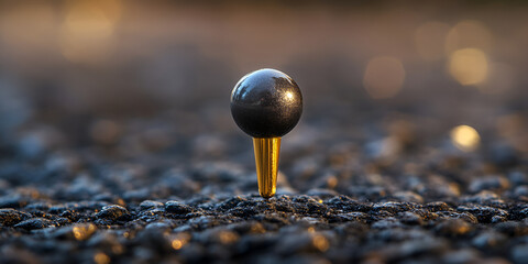 Close-Up of a Black Pushpin on Asphalt: Minimalist Photography, Detailed View of a Magnetic Pin on Gravel Surface