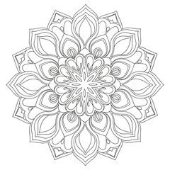 Intricate mandala design for coloring page concept. Greeting card sticker lace pattern and tattoo, yoga design. Hand Drawn black and white sketch. Antistress coloring book page for adults.