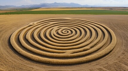 Aerial view of mysterious crop circle pattern in golden wheat field landscape