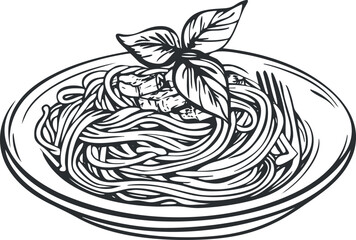 Hand drawn black and white illustration of spaghetti pasta dish with basil leaves on plate