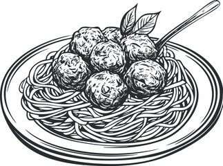 Black and white illustration of a plate of spaghetti with meatballs and basil garnish served with a fork.