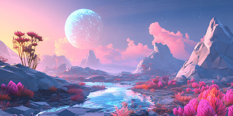 Enchanted Landscape: A Surreal River Flowing Through a Pastel Planet, Otherworldly Scenery: Fantasy Mountains and Luminous Moon, Futuristic Interactive Dreamscape
